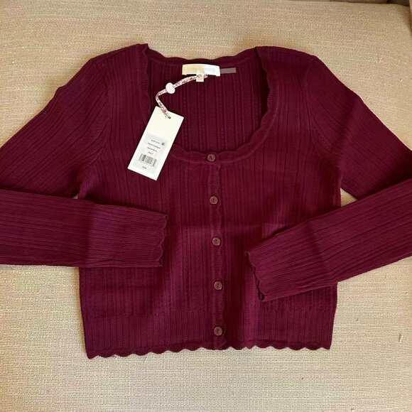 NWT LoveShackFancy Martti Stretch Pointelle Cardigan Small Top Spiced Berry Wine - Picture 6 of 10